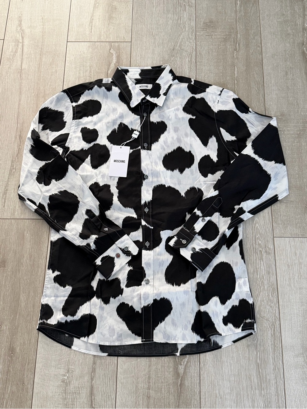 Men 42 Moschino Black & White Cow Spot Button-Down long sleeve Shirt